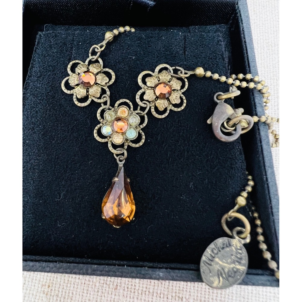 Michal Negrin Vintage Floral Crystal Drop Necklace Antiqued Brass Amber Glass - Picture 5 of 8